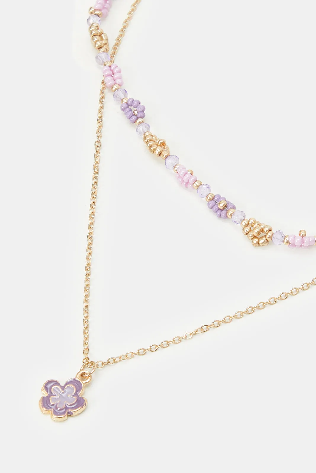 Girls Gold And Purple Embellished Necklace And Bracelet (3 Piece)