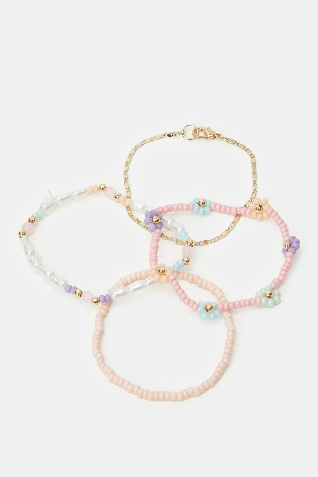 Girls Gold Floral Beads Necklace & Bracelets (5 Piece)