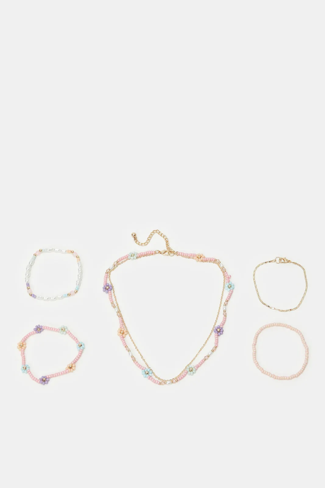 Girls Gold Floral Beads Necklace & Bracelets (5 Piece)