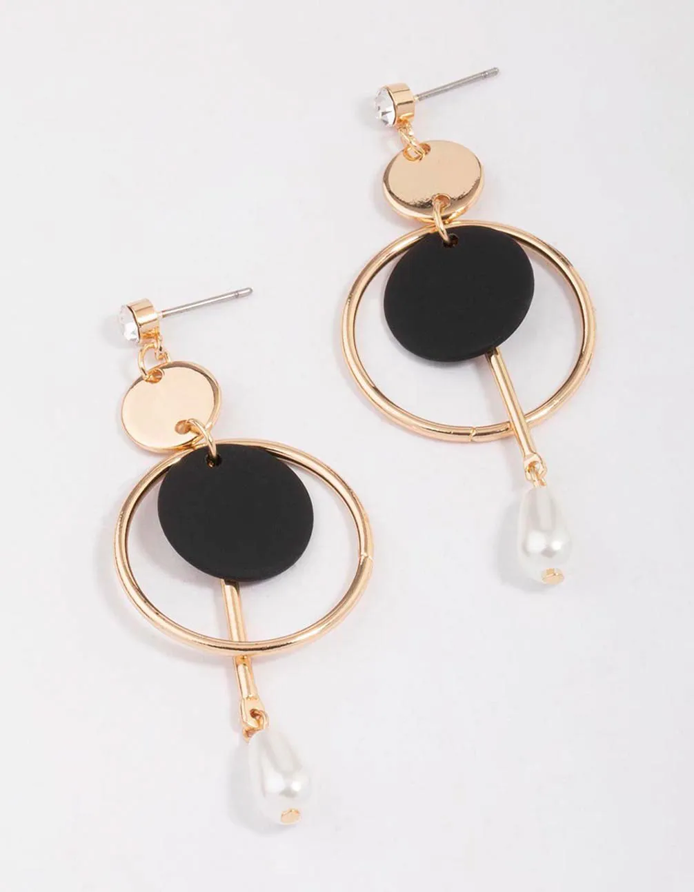 Gold Multi Disc Pearl Drop Earrings