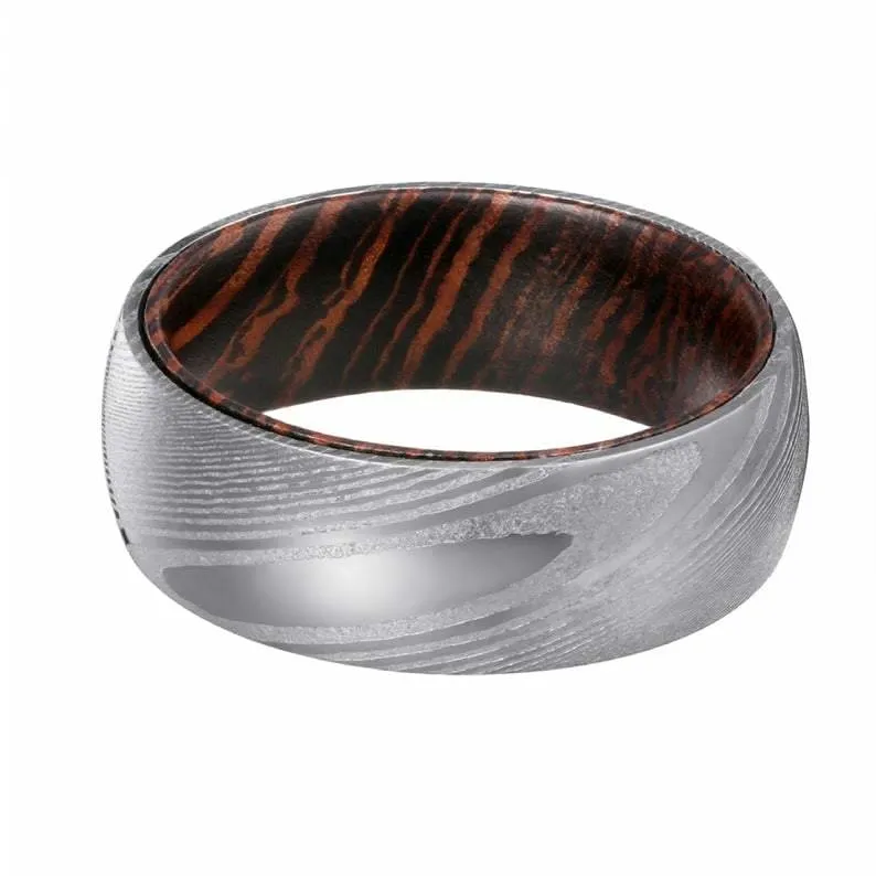 JABILO Domed Damascus Steel Ring for Him with Wenge Wood Sleeve - 8mm