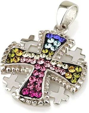 Jerusalem Cross Pendant Multi colors Gemstone Sterling Silver 925