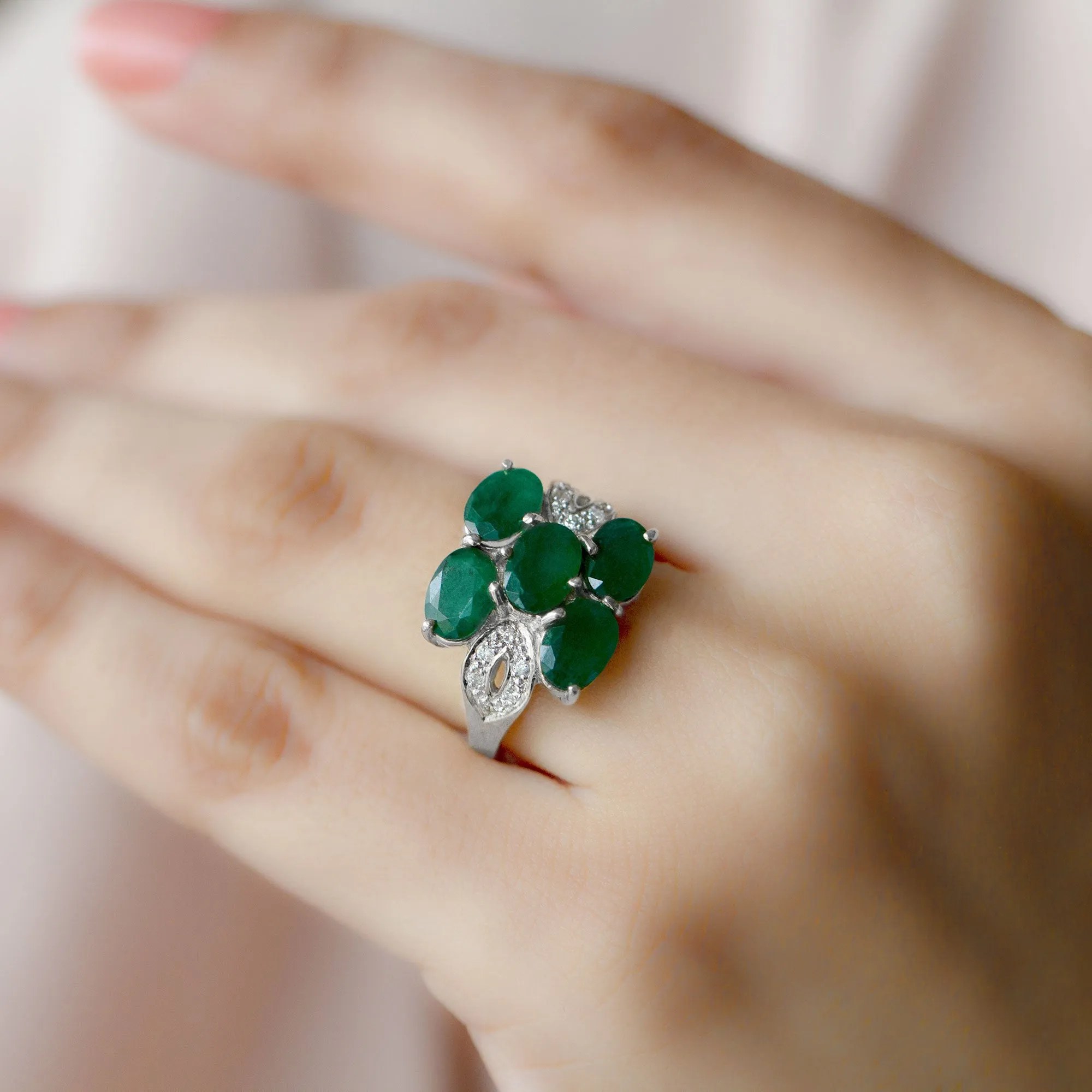 Lab Created Emerald Cluster Engagement Ring with Diamond