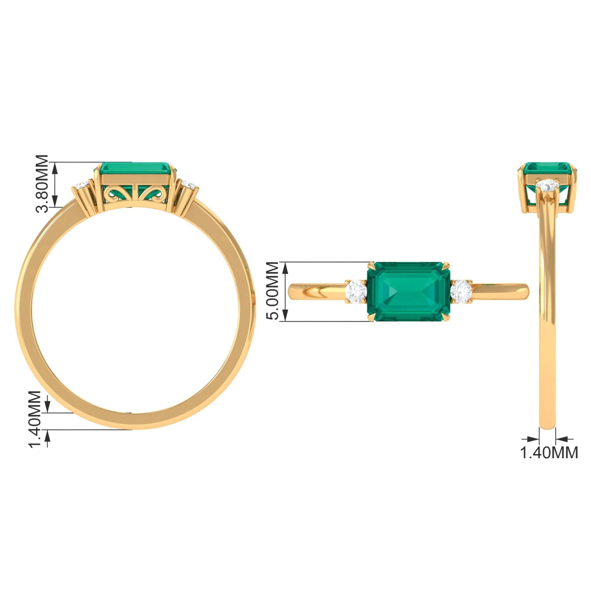 Octagon shape Emerald East West Engagement Ring with Diamond