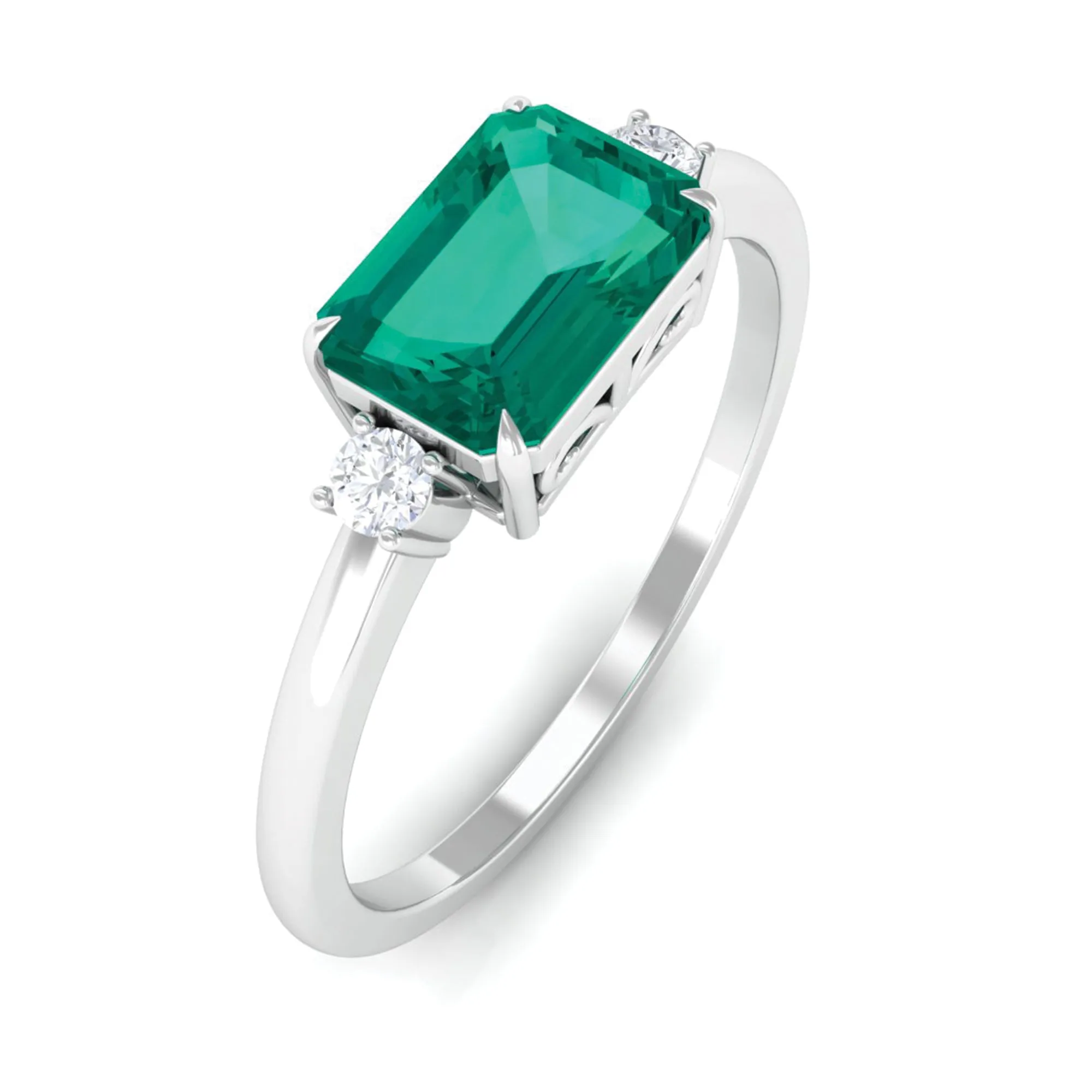 Octagon shape Emerald East West Engagement Ring with Diamond