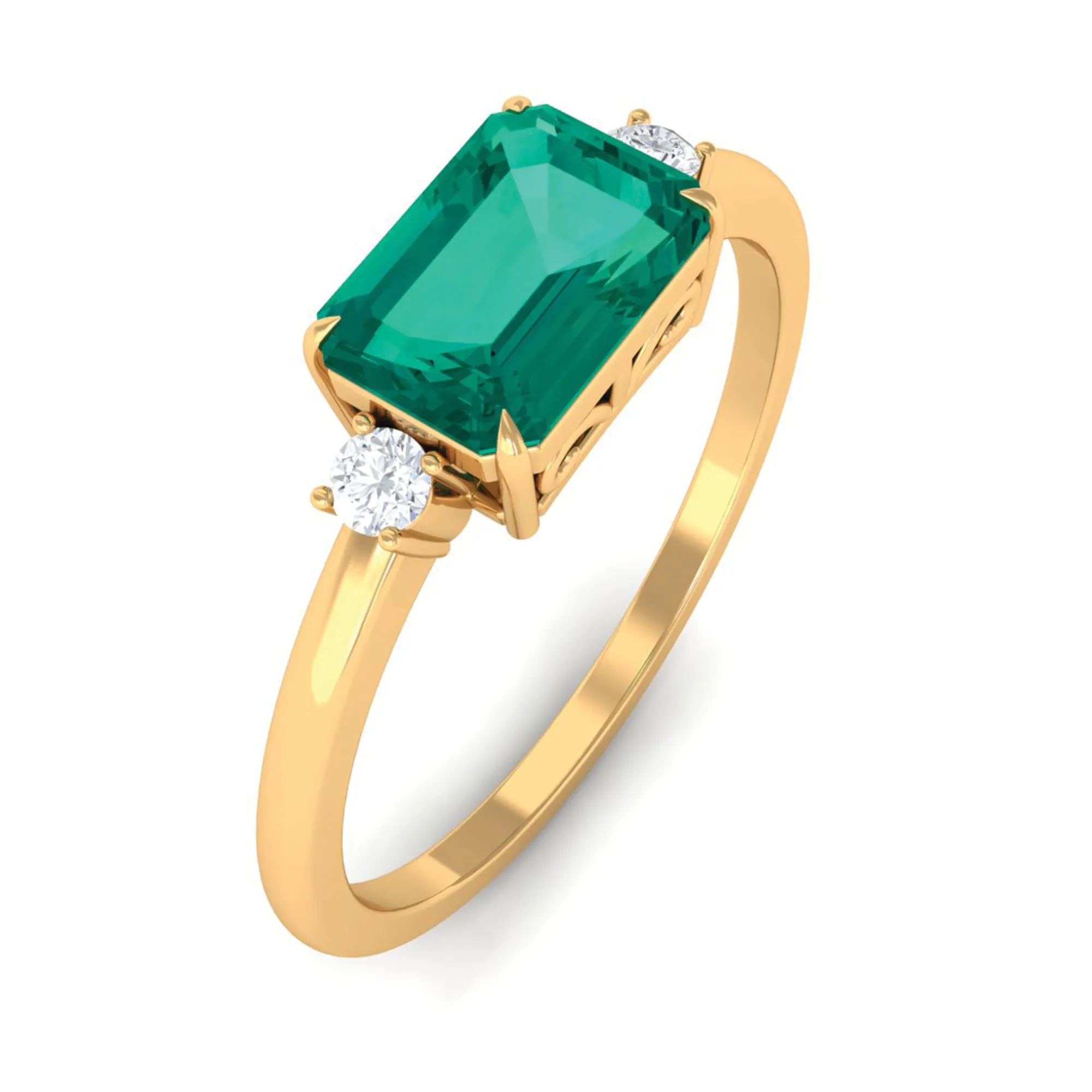 Octagon shape Emerald East West Engagement Ring with Diamond