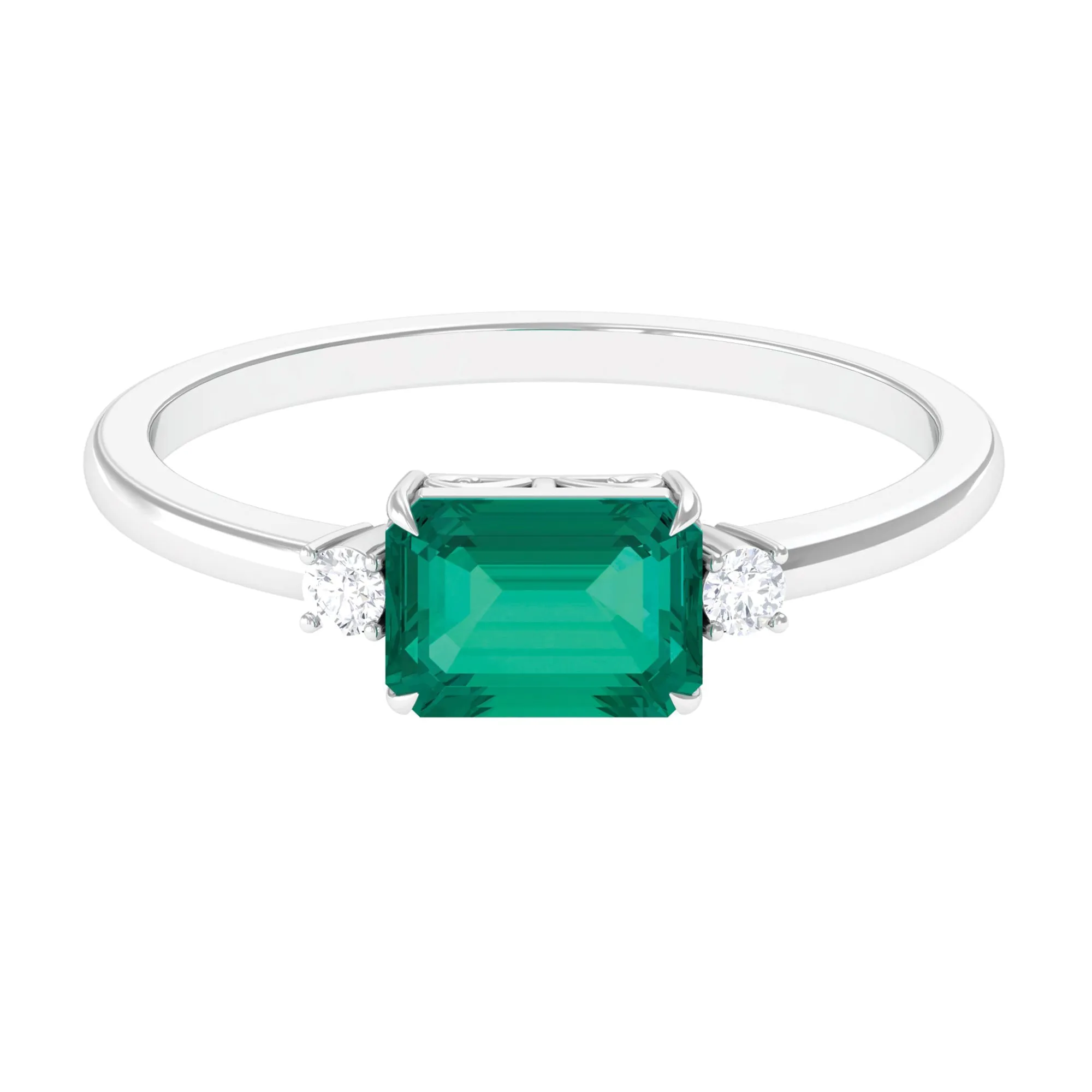 Octagon shape Emerald East West Engagement Ring with Diamond