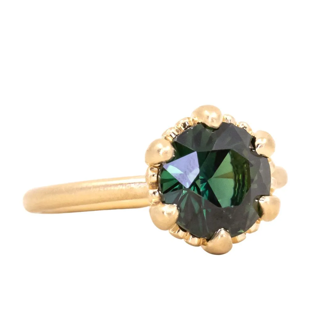 ON HOLD-3.03ct Round Deep Teal Sapphire Scallop Cup Solitaire in Satin 18k Yellow Gold