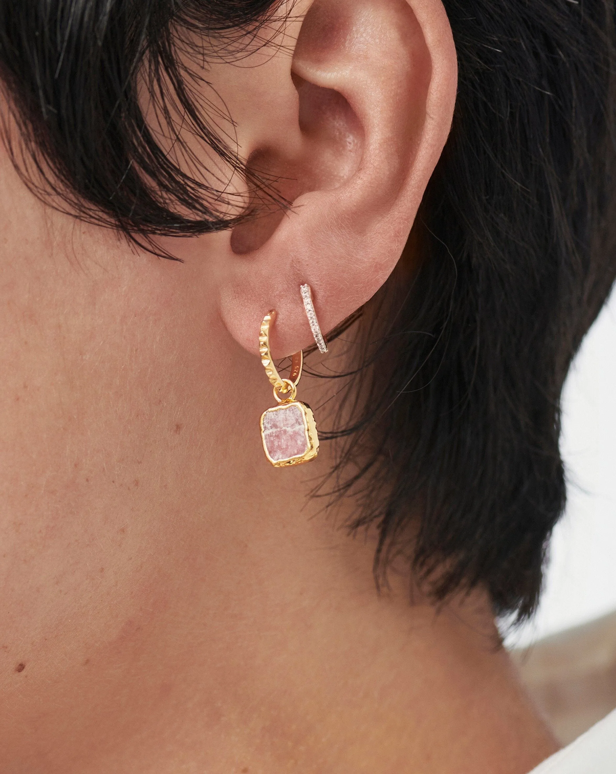 Pyramid Pave Huggies Earring Set | 18ct Gold Plated Vermeil/Rhodochrosite