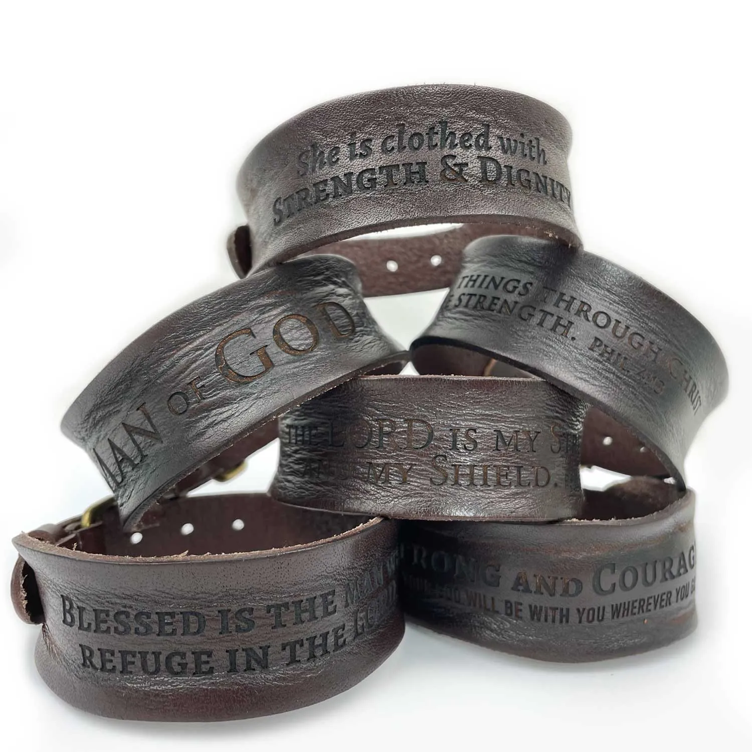 "Hunger and Thirst for Righteousness" Matthew 5:6 Laser-Engraved Brown Leather Scripture Bracelet with Watch Band Clasp