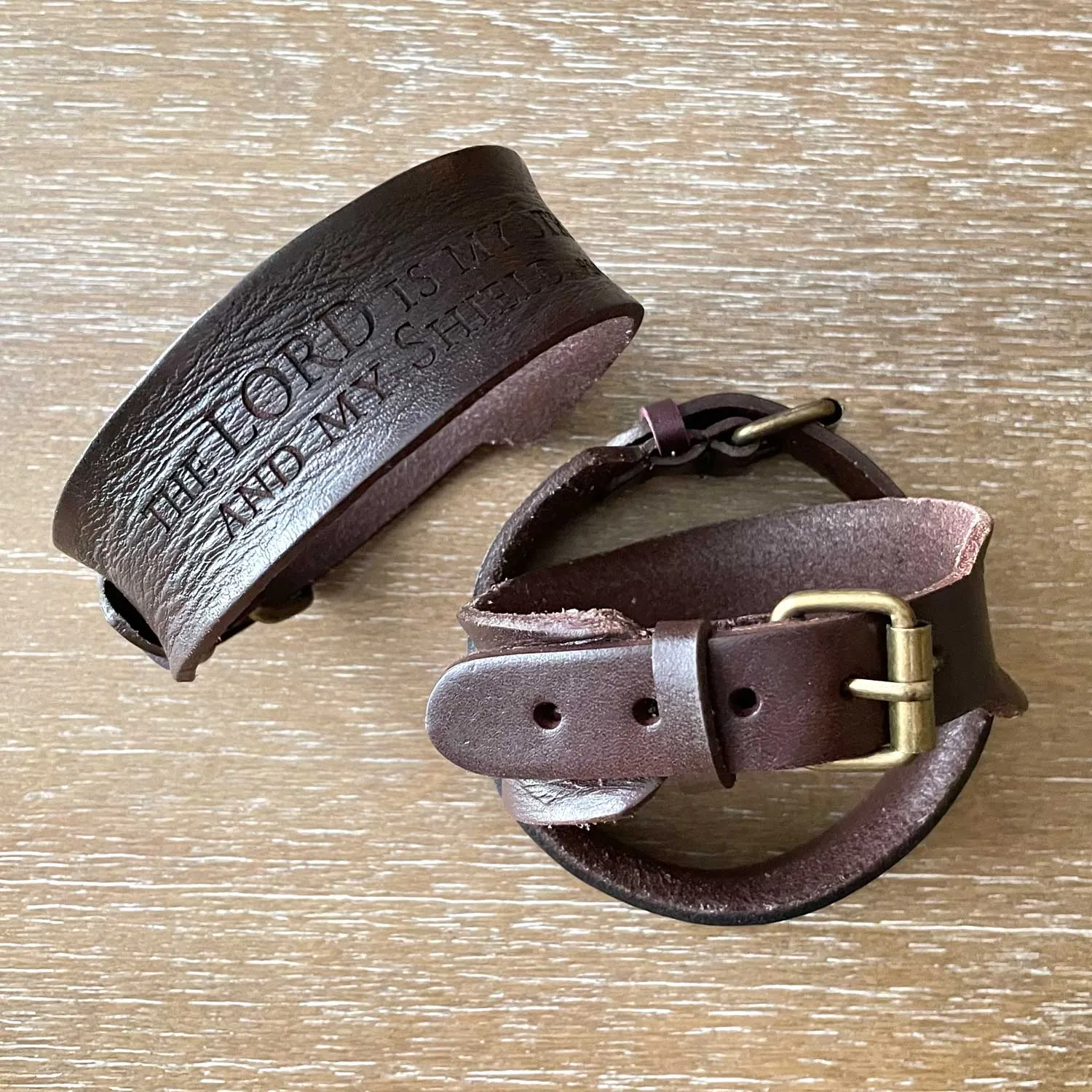 "Hunger and Thirst for Righteousness" Matthew 5:6 Laser-Engraved Brown Leather Scripture Bracelet with Watch Band Clasp