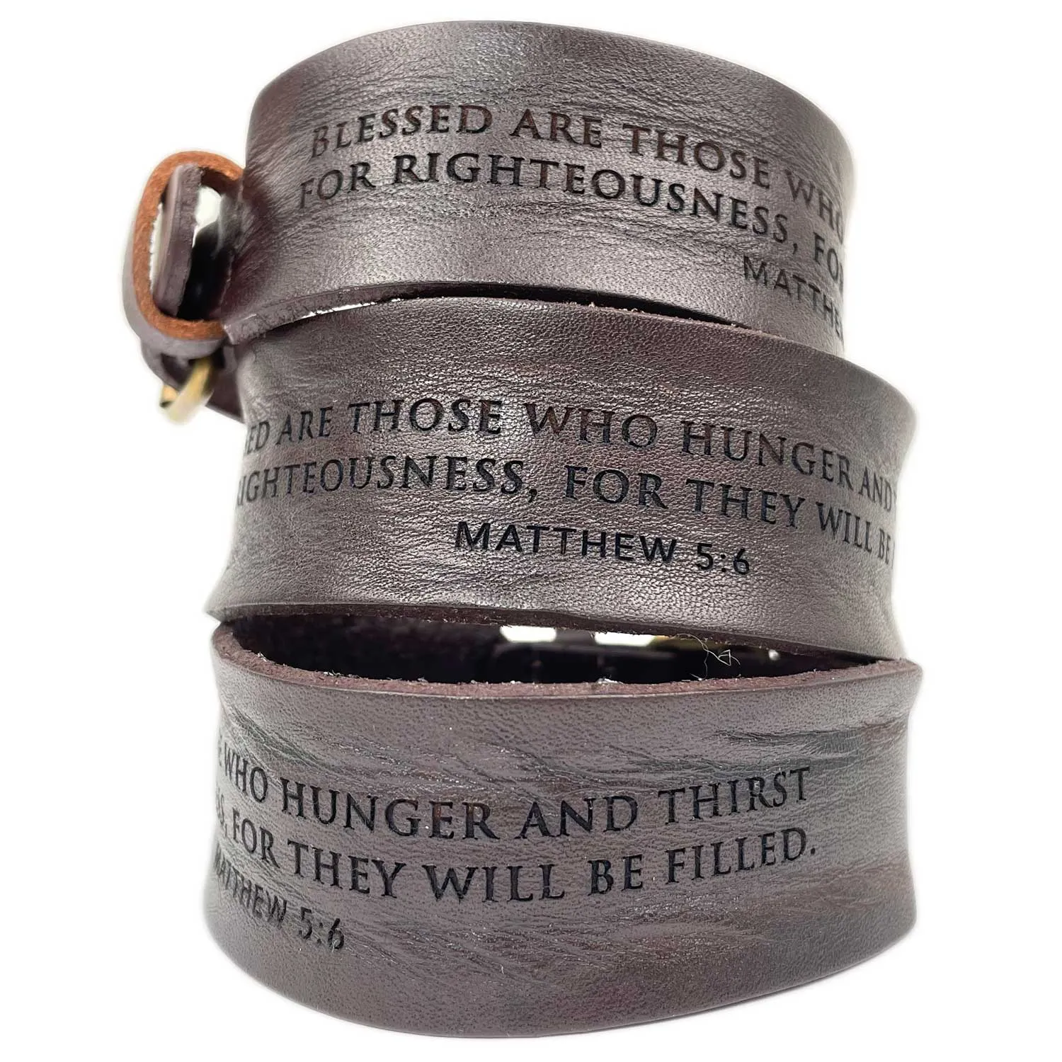 "Hunger and Thirst for Righteousness" Matthew 5:6 Laser-Engraved Brown Leather Scripture Bracelet with Watch Band Clasp