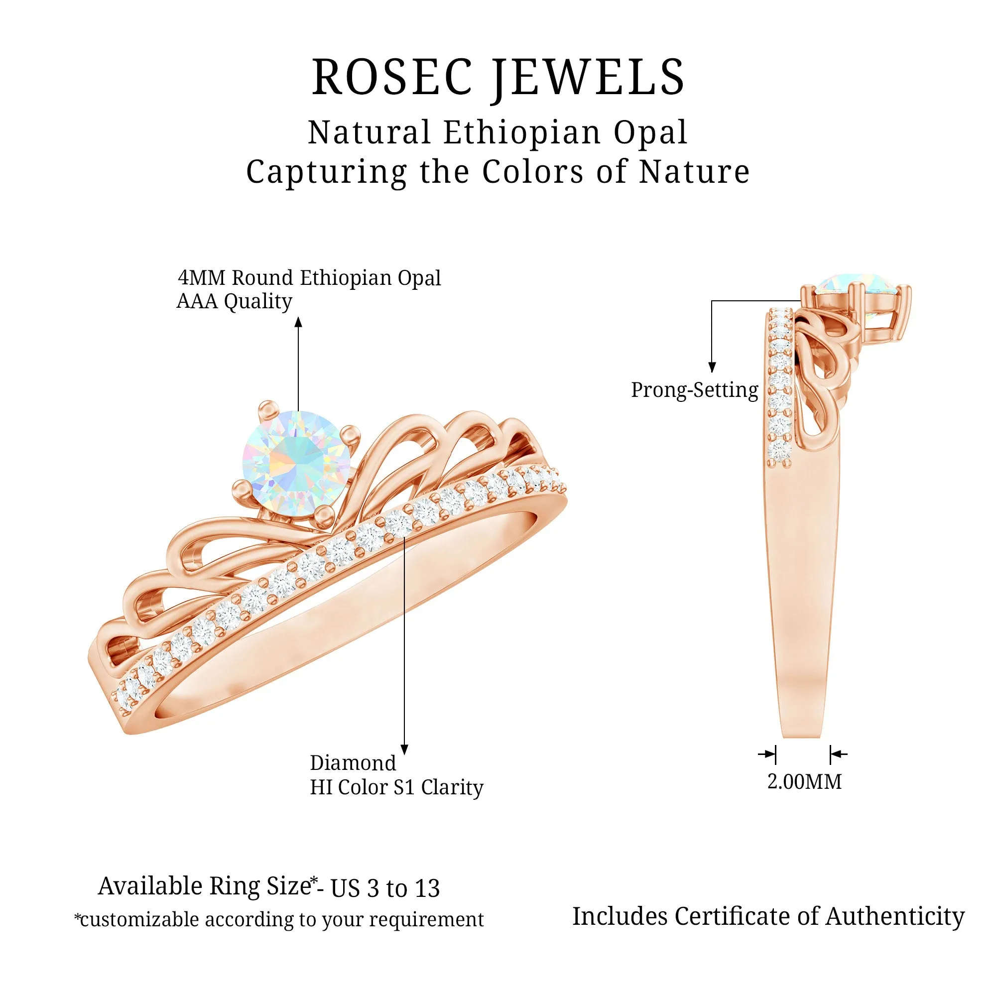 Real Ethiopian Opal and Diamond Crown Band Ring