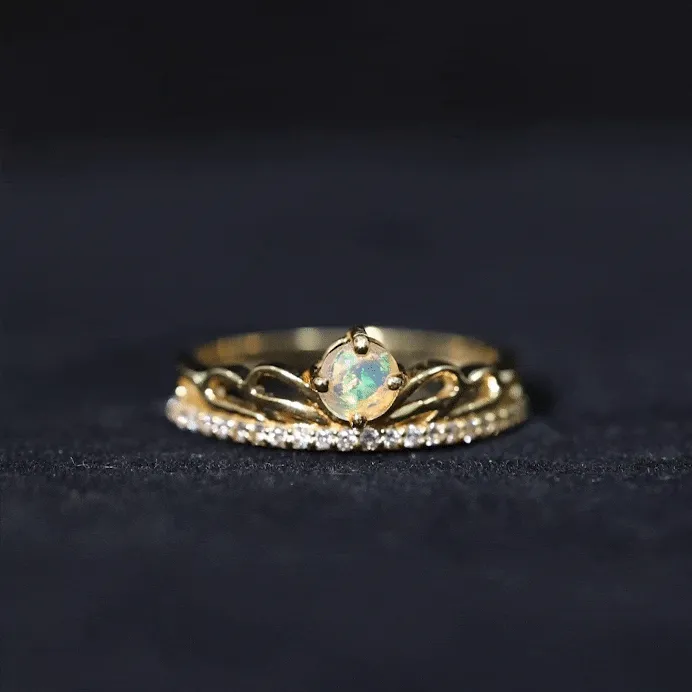 Real Ethiopian Opal and Diamond Crown Band Ring