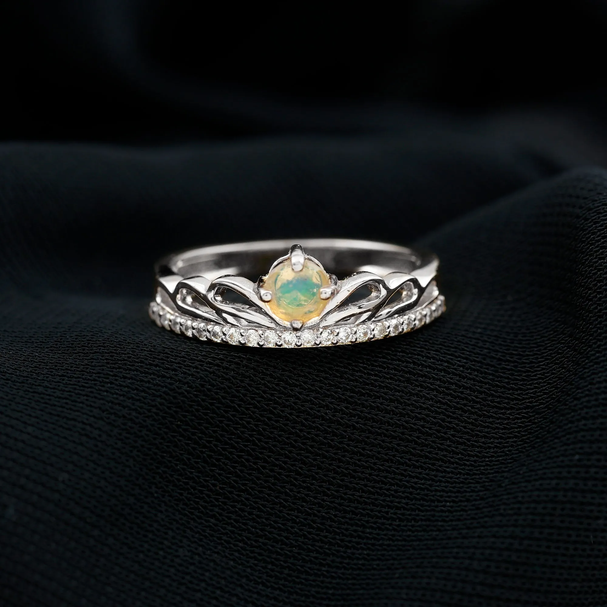 Real Ethiopian Opal and Diamond Crown Band Ring