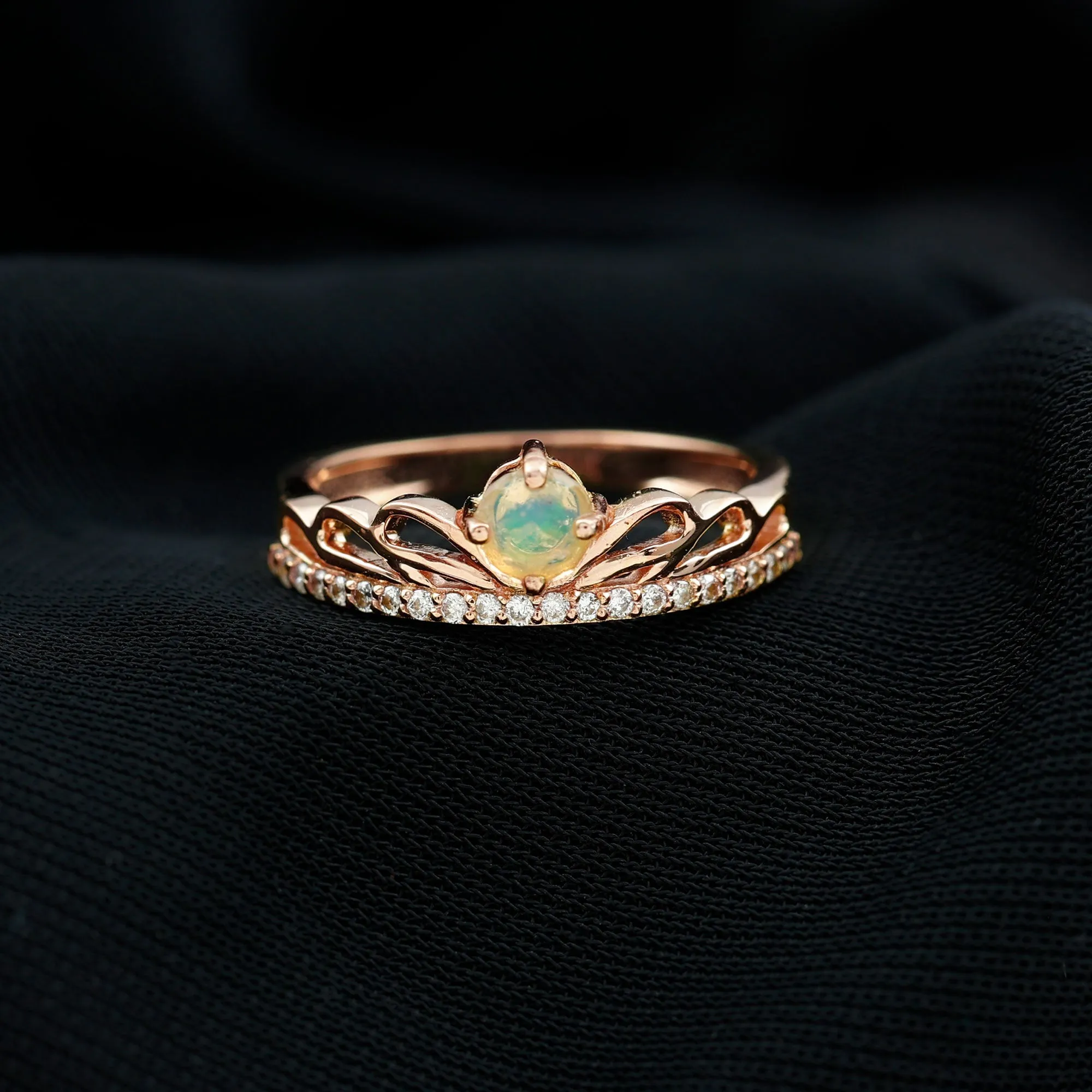 Real Ethiopian Opal and Diamond Crown Band Ring