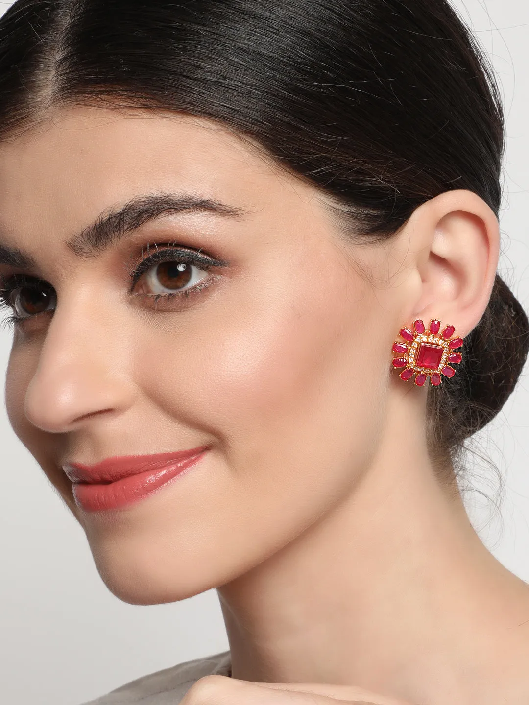 Red Square Shaped Stone Studded Contemporary Stud Earrings