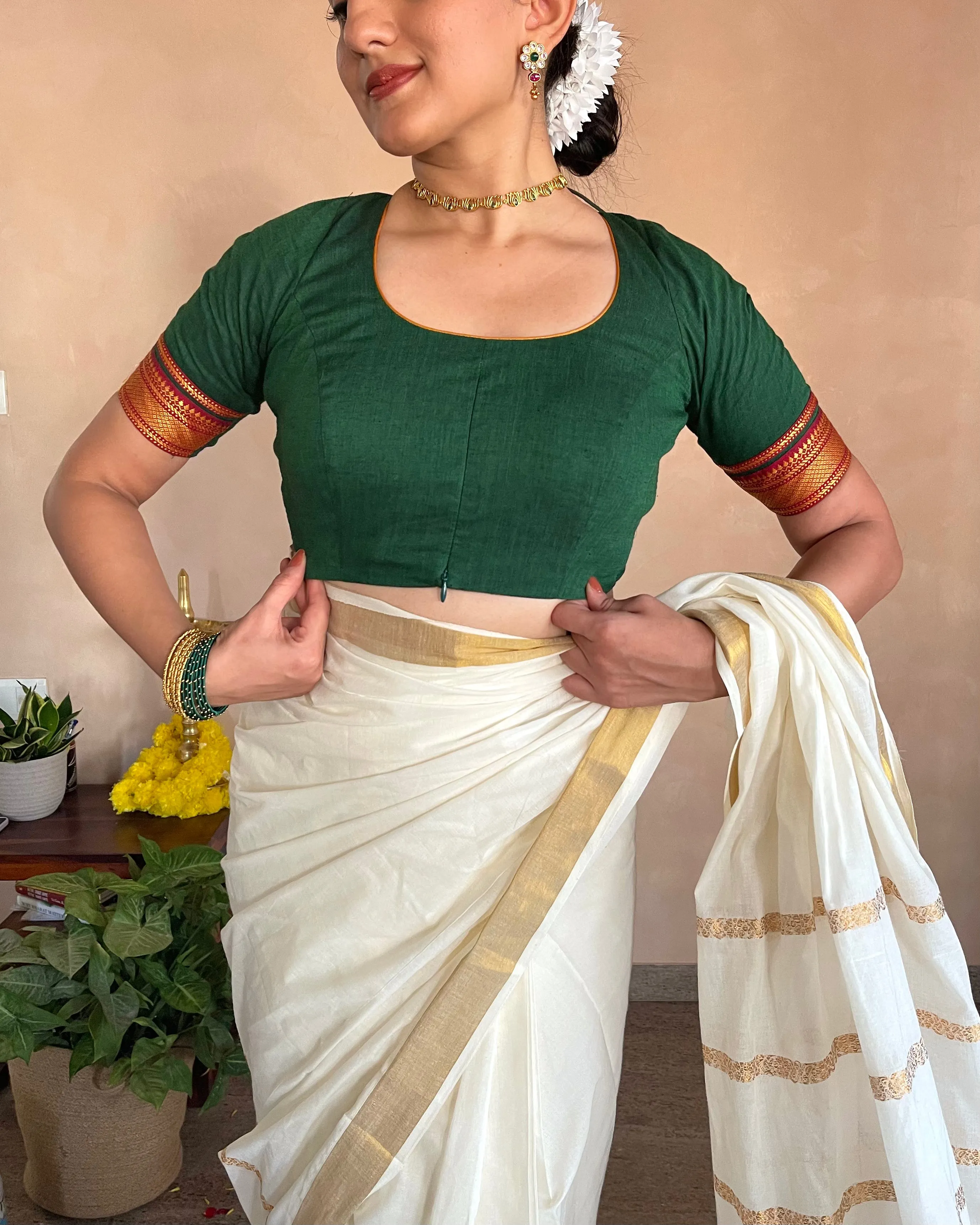 Revathi x Tyohaar | Mangalgiri Bottle Green 100% Cotton Blouse with Zari Border on Elbow Sleeves