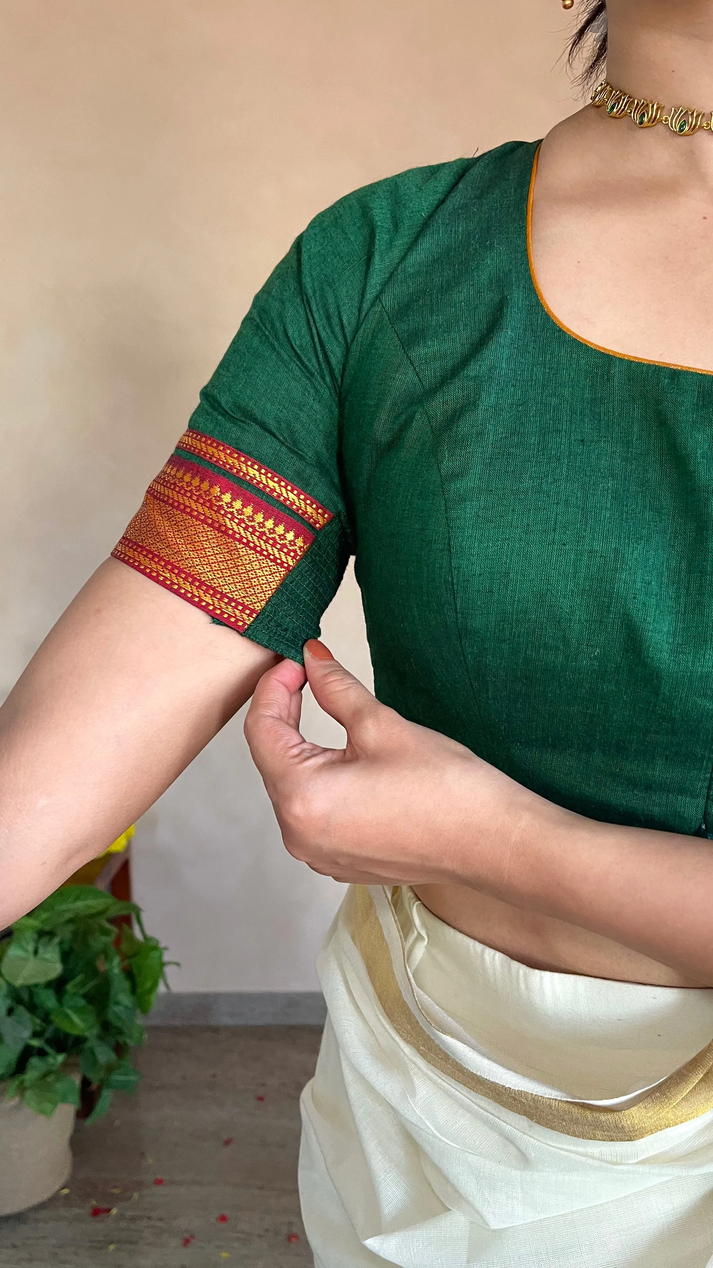 Revathi x Tyohaar | Mangalgiri Bottle Green 100% Cotton Blouse with Zari Border on Elbow Sleeves