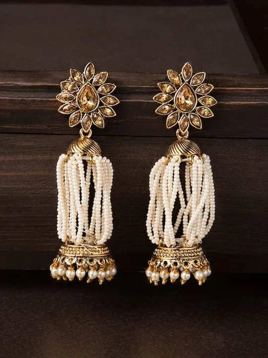 Rubans Gold-Toned & White Contemporary Jhumkas