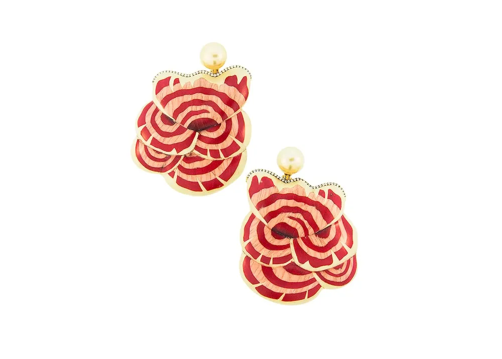 Sculptural Botanical Marquetry Red Mushrooms Earrings