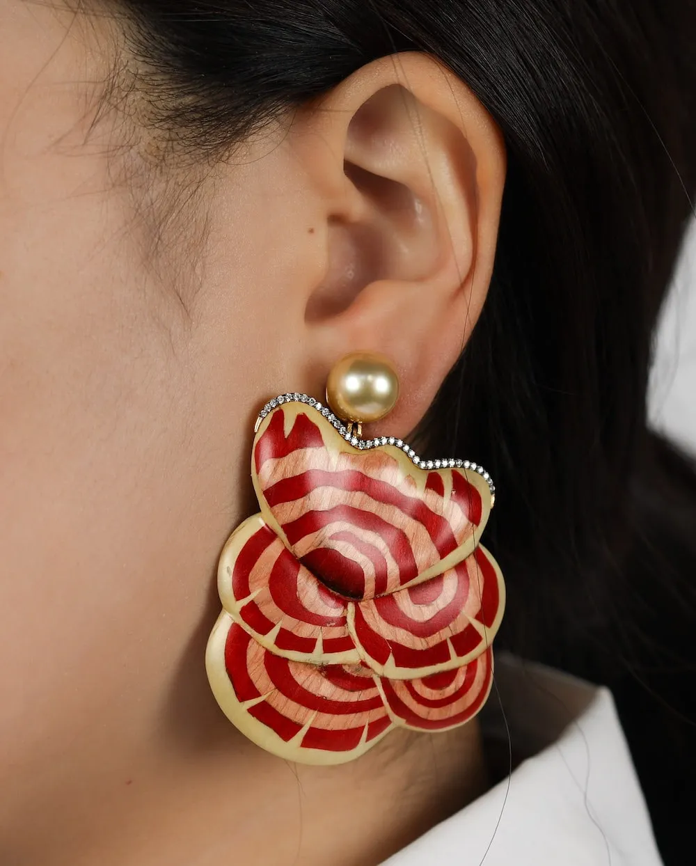 Sculptural Botanical Marquetry Red Mushrooms Earrings