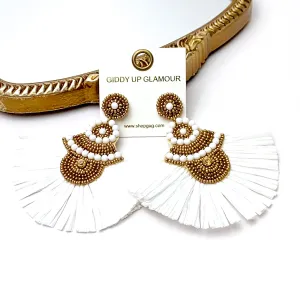 Seed Beaded Drop Earrings with Raffia Fringe in Gold and Ivory