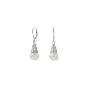 Simulated Pearl and Pave CZ Cone Lever Earrings