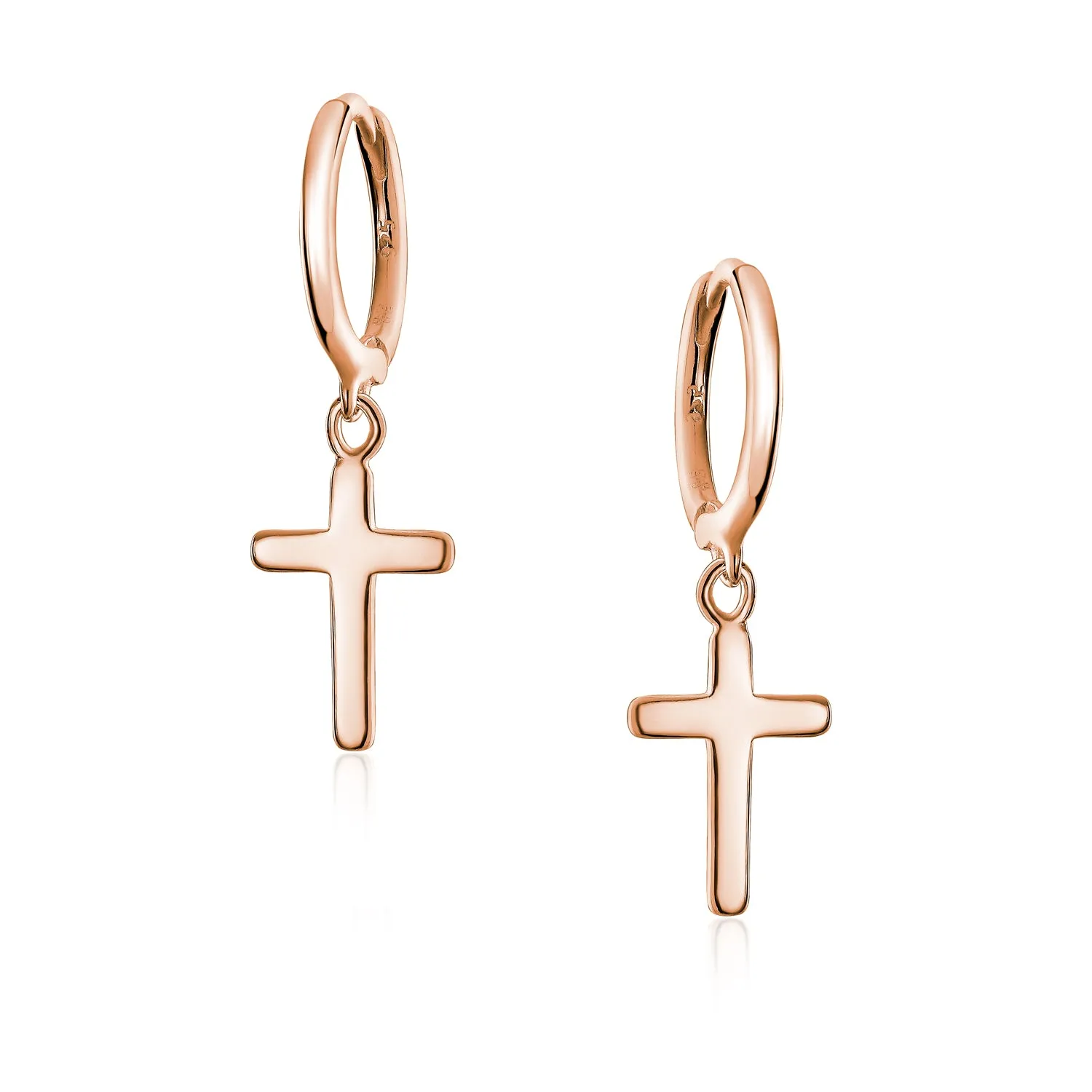 Small Religious Cross Dangle Earrings Rose Gold Plated Sterling Silver Huggie