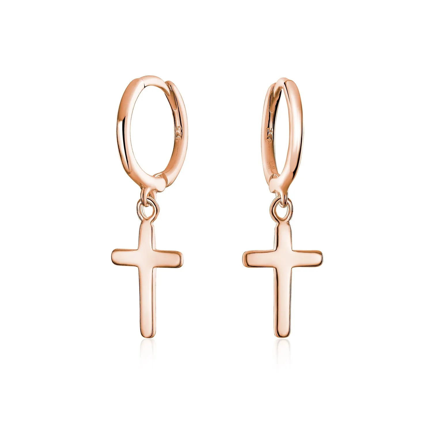 Small Religious Cross Dangle Earrings Rose Gold Plated Sterling Silver Huggie