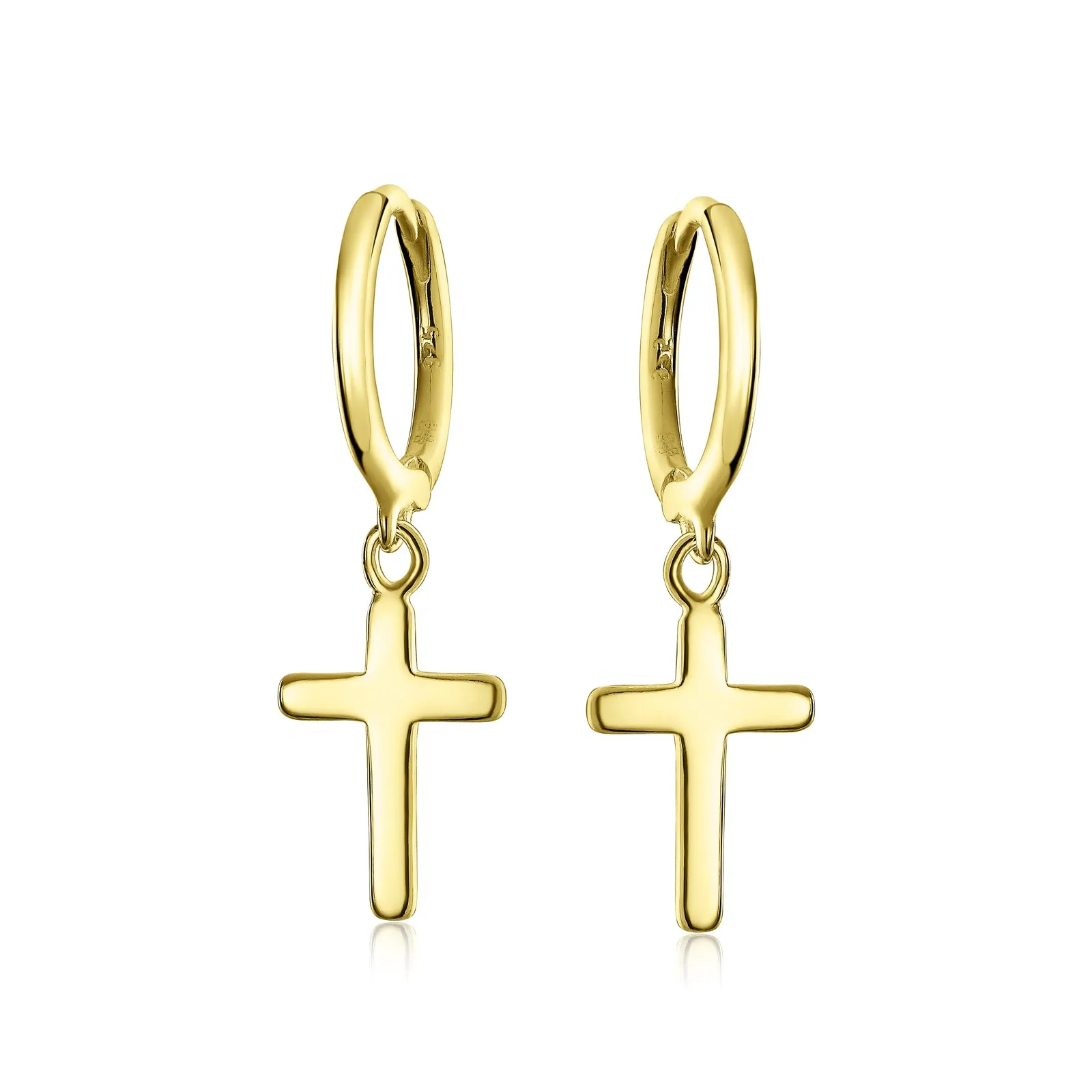 Small Religious Cross Dangle Earrings Rose Gold Plated Sterling Silver Huggie