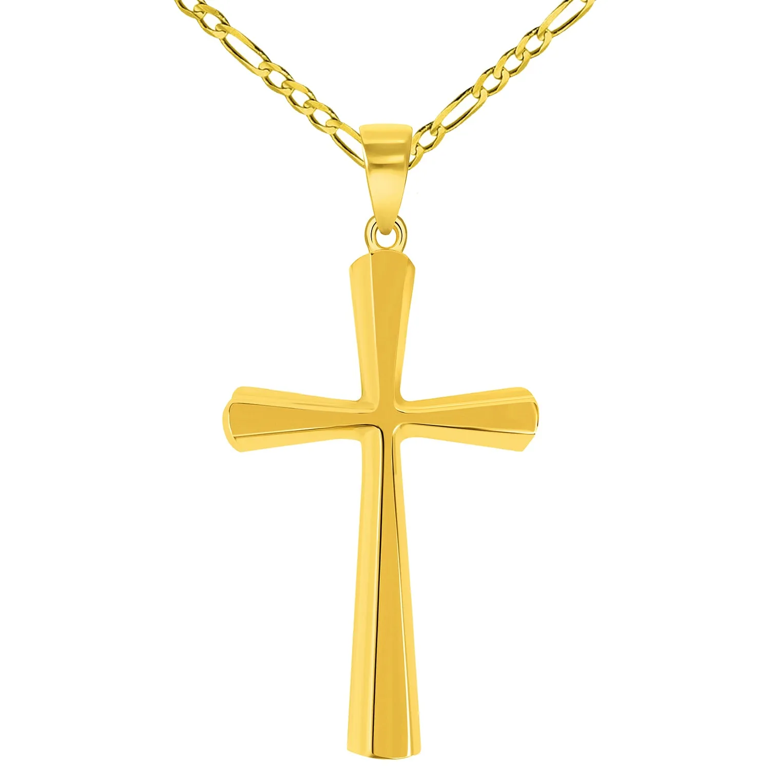 Solid 14k Yellow Gold Beveled Edge Simple Religious Cross Pendant Necklace