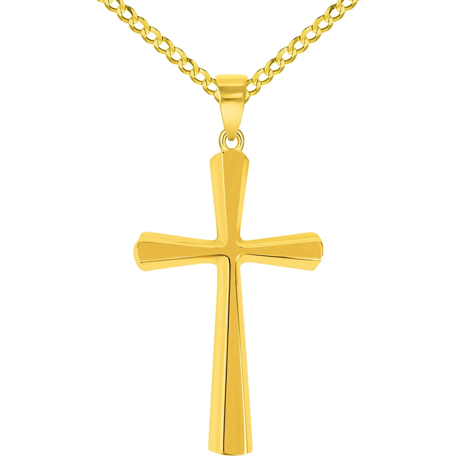 Solid 14k Yellow Gold Beveled Edge Simple Religious Cross Pendant Necklace