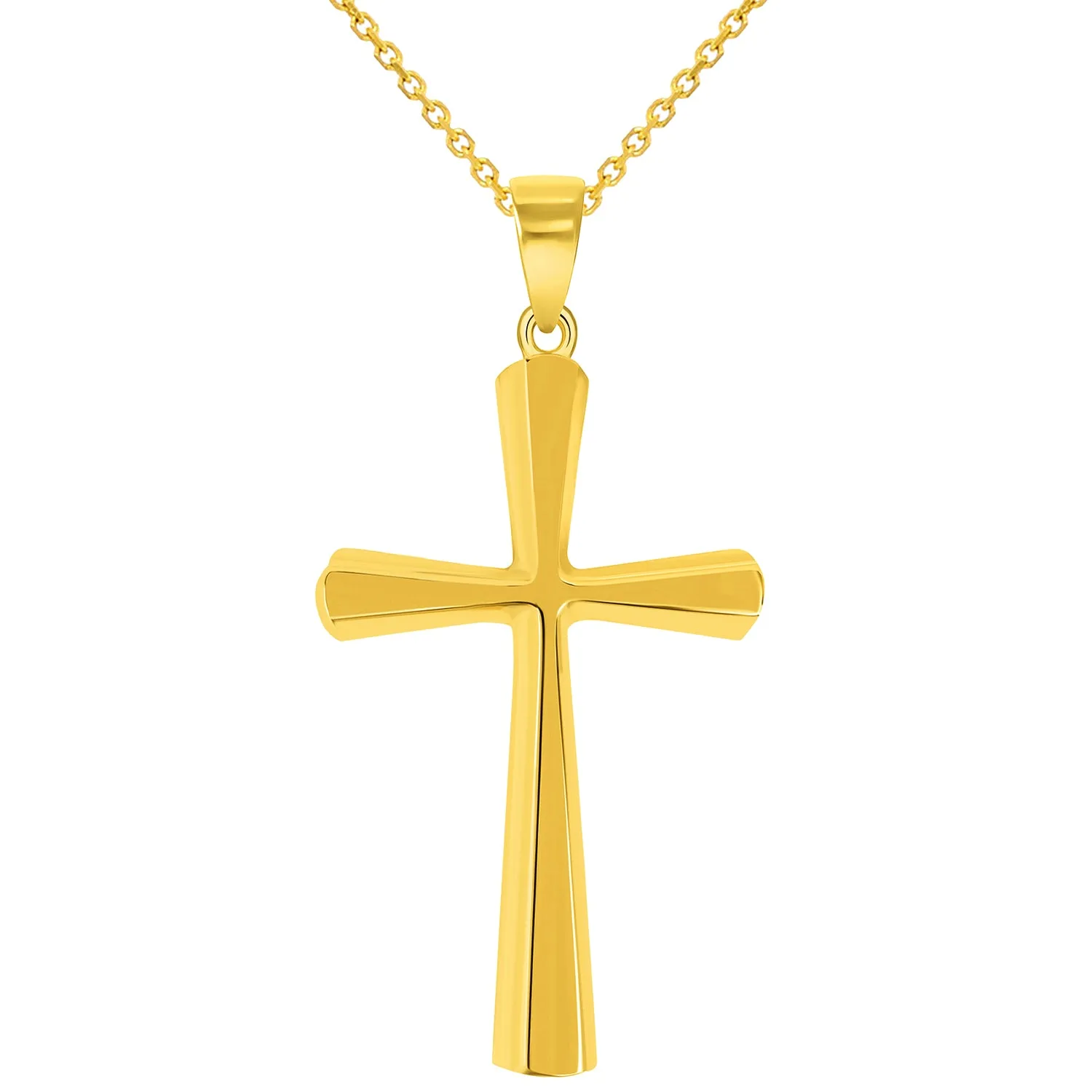 Solid 14k Yellow Gold Beveled Edge Simple Religious Cross Pendant Necklace