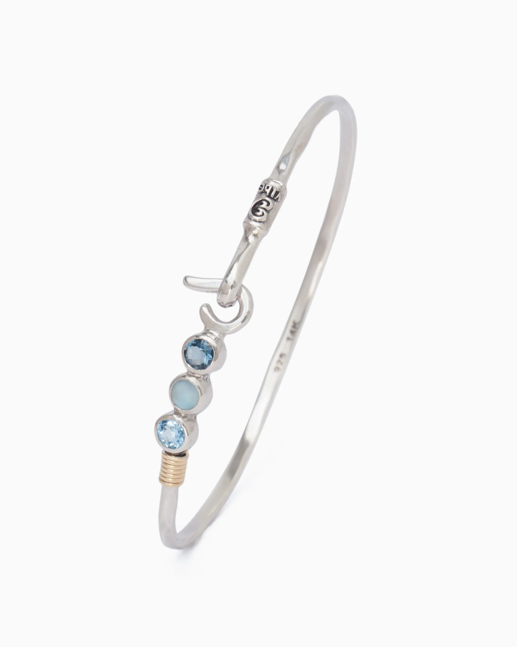 St. John Hook Bracelet with Triple Stones, 2mm - London Blue Topaz/Larimar/Hampton Blue Topaz