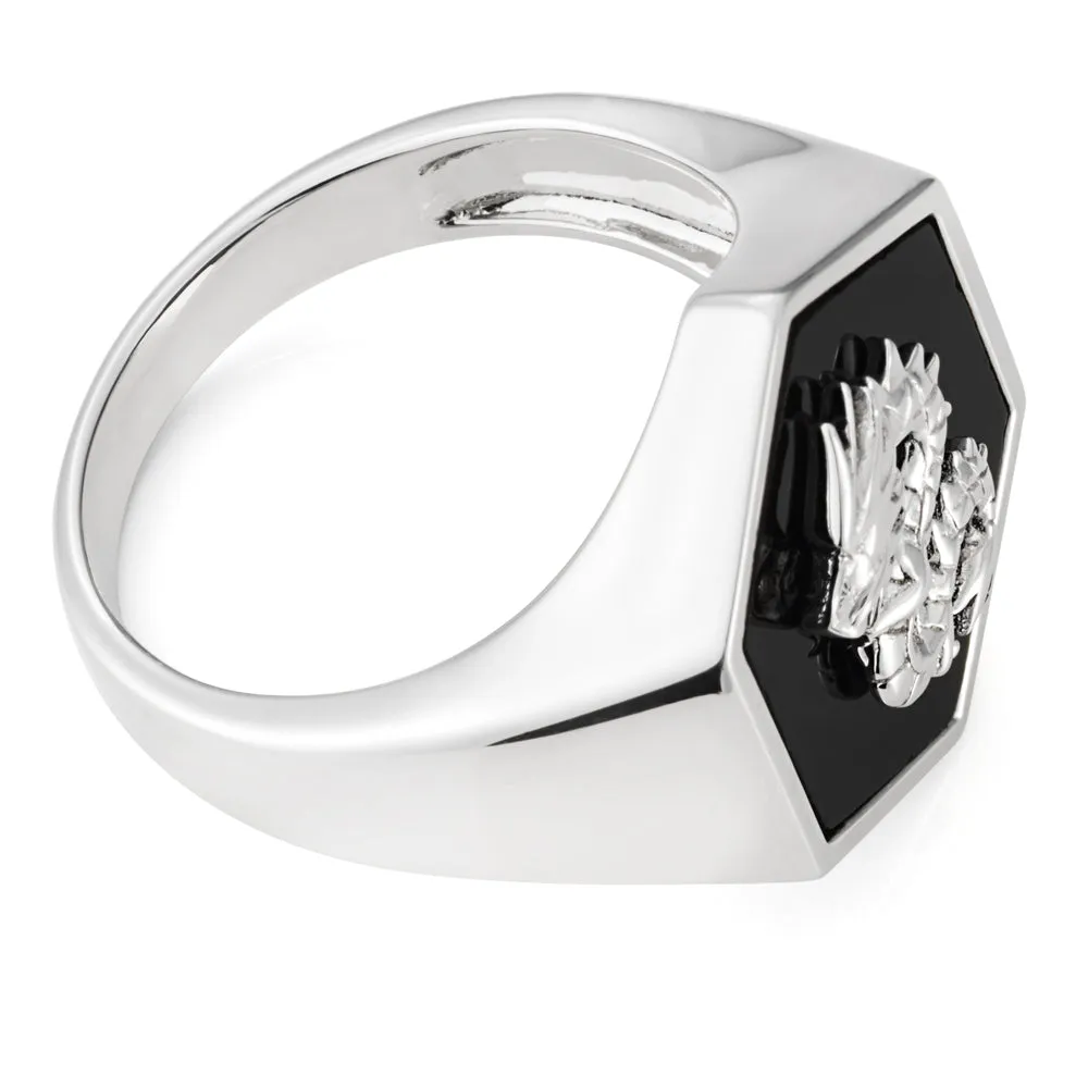 Sterling Silver Rhodium Plated Hexagonal Onyx Dragon Ring