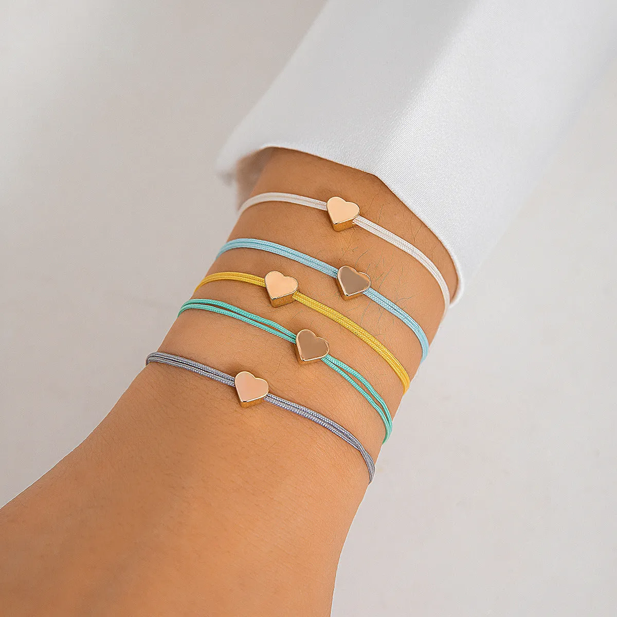 Sweet Forest Heart-shaped Bracelet Set with Colorful Minimalist Pull-up Bracelet