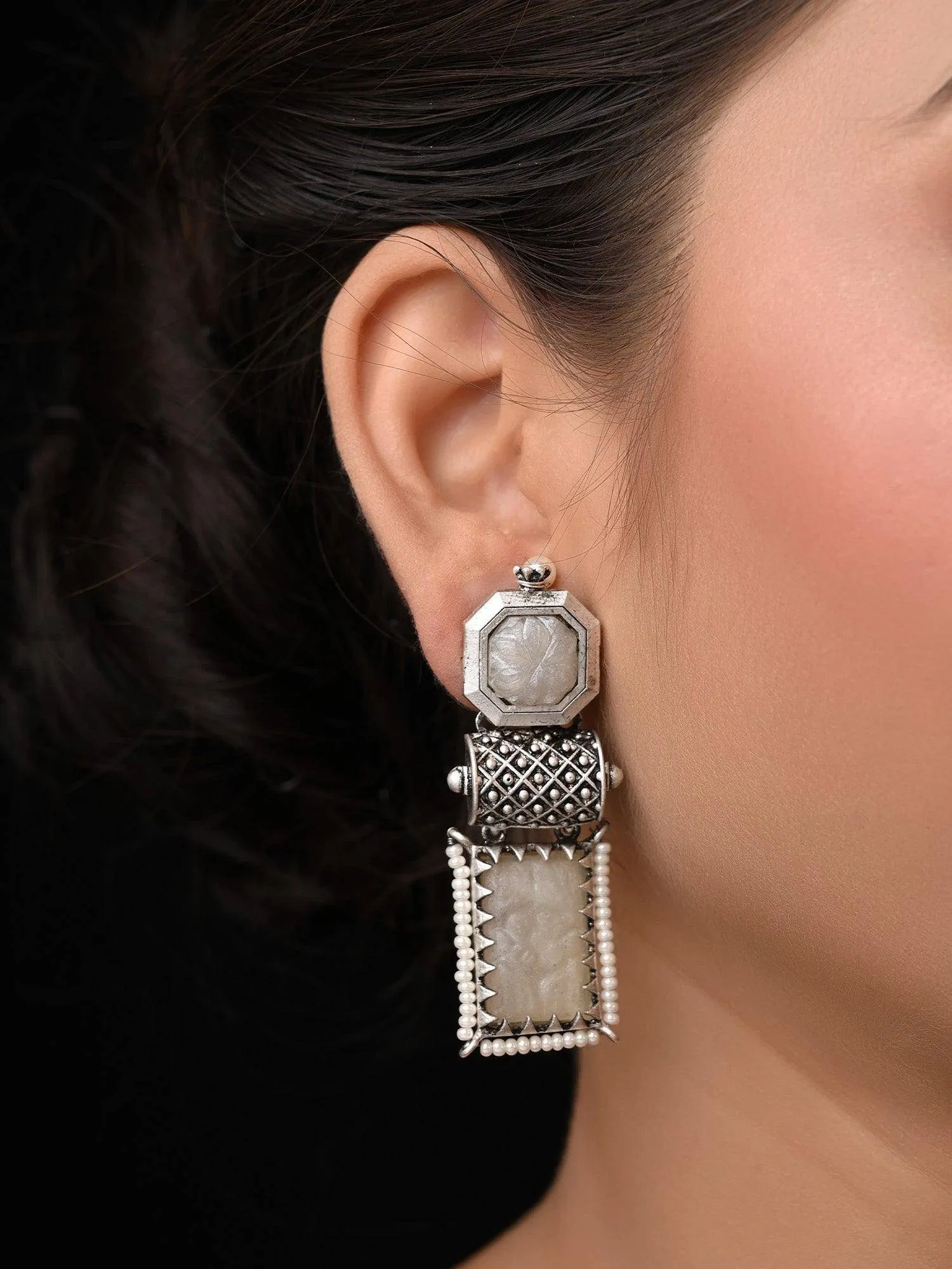 Sweety Rectangular Contemporary Smoke White Oxidised Earrings