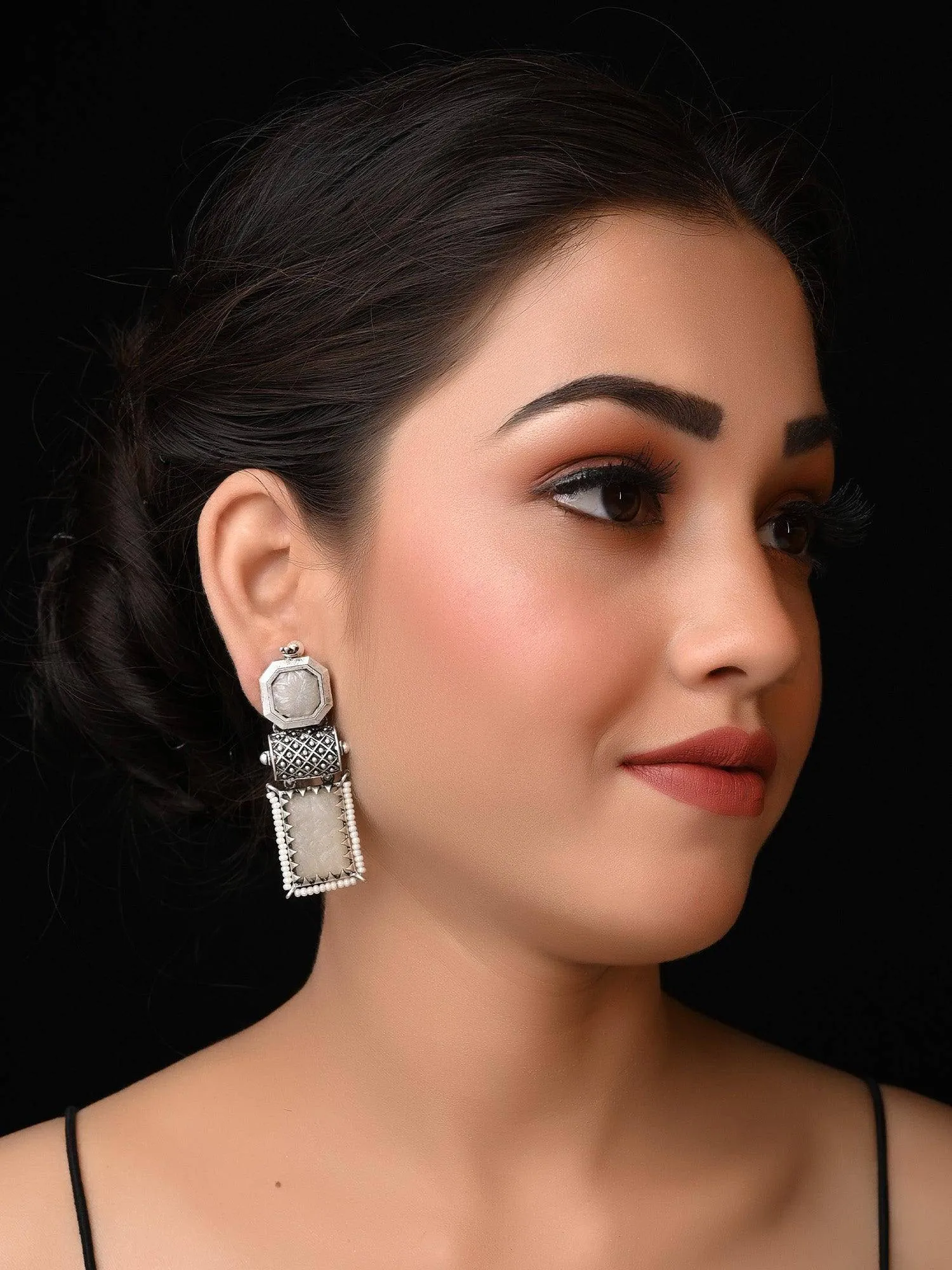 Sweety Rectangular Contemporary Smoke White Oxidised Earrings