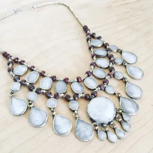 Tribal grey stone boho necklace