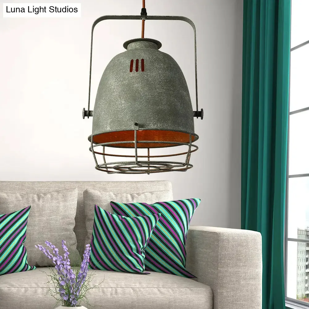 Wrought Iron Pendant Lighting with Bell/Dome Shade - Industrial 1 Light Hanging Lamp in Grey